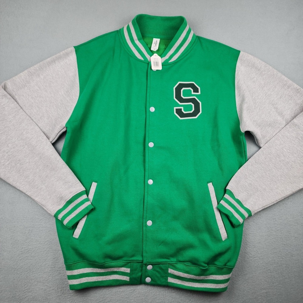 Just Hoods Jacket Mens XL Green Gray Shamrock Varsity Snap Letterman JHA043 NWT
